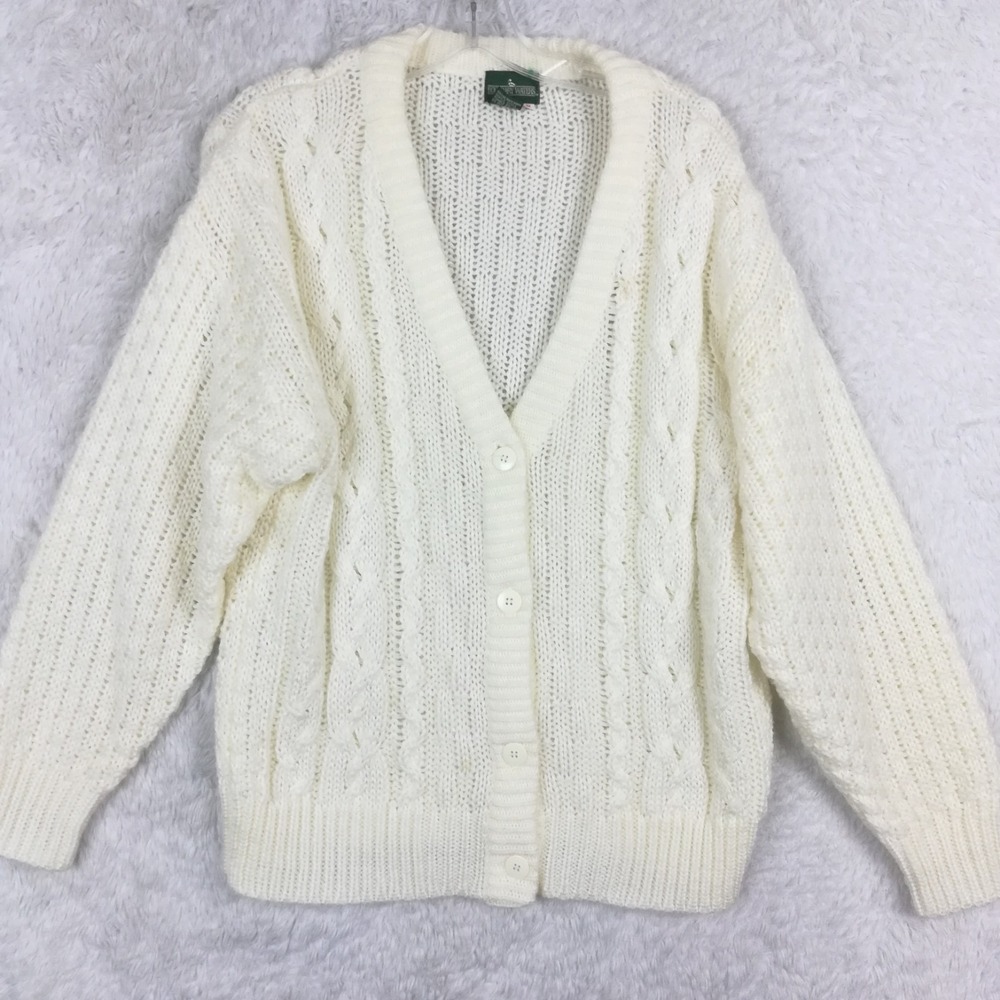 Vtg Boundary Waters Womens Sweater‎ Cardigan Ivory Cable Knit Button Front M